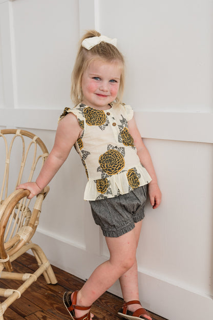 Mustard & Grey Floral Print Sleeve Ruffled Top & Black Chambray Shorts Set dress & diaper cover Yo Baby India 