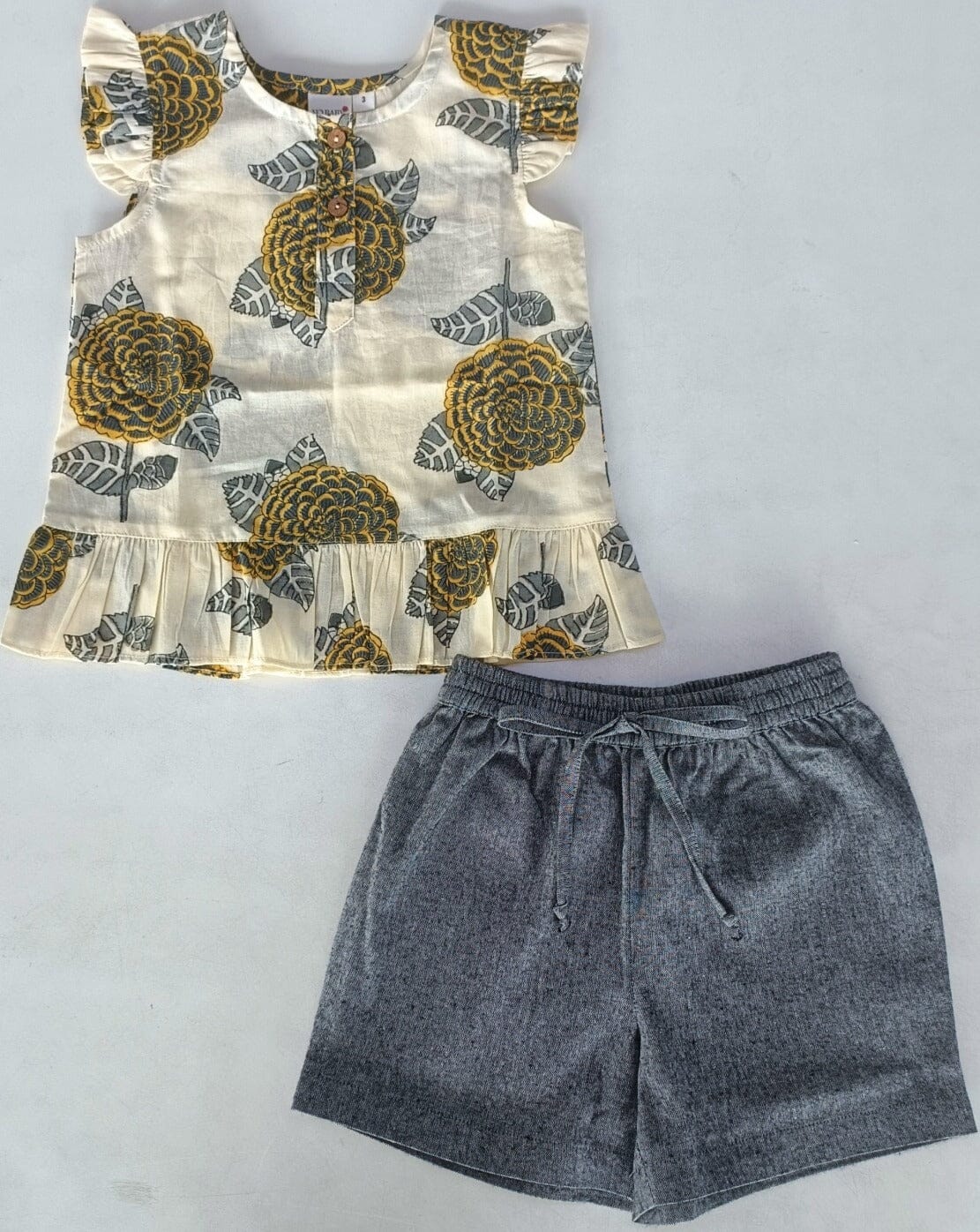 Mustard & Grey Floral Print Sleeve Ruffled Top & Black Chambray Shorts Set dress & diaper cover Yo Baby India 