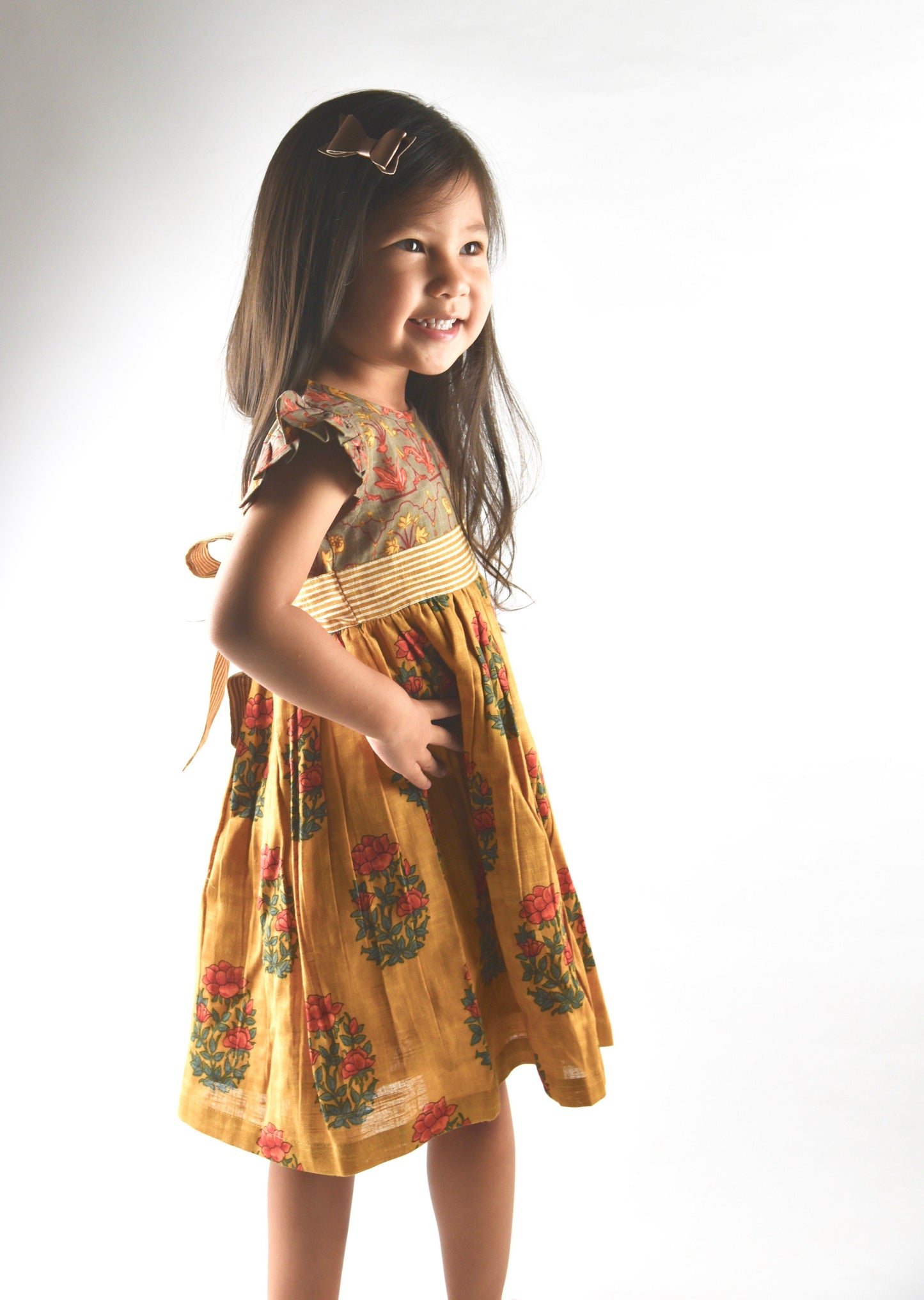 Mustard Multi Print Flutter Sleeves Belted Dress Dress Yo Baby Wholesale 