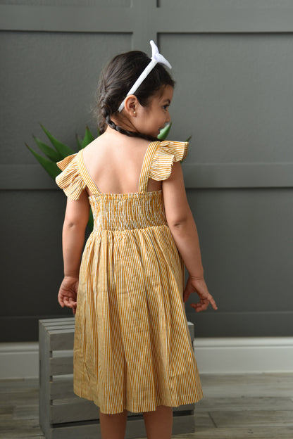 Mustard Pinstripes Flutter Sleeves Shirt Dress Dress Yo Baby Wholesale 