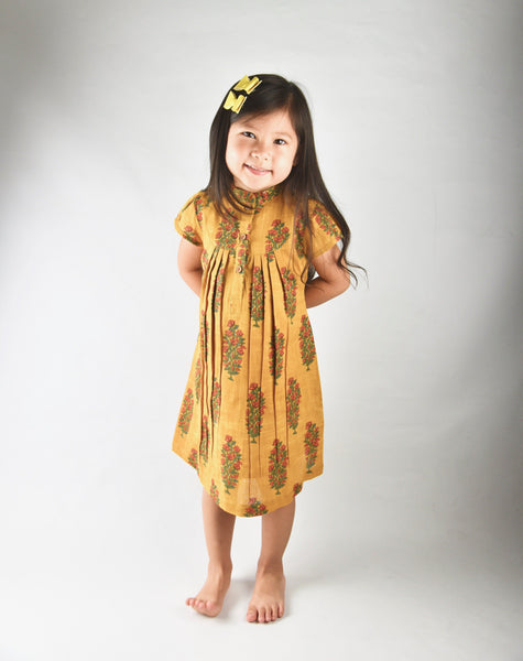 Mustard Printed Dress with Yoke Detail and Chinese Collar Dress Yo Baby Wholesale 