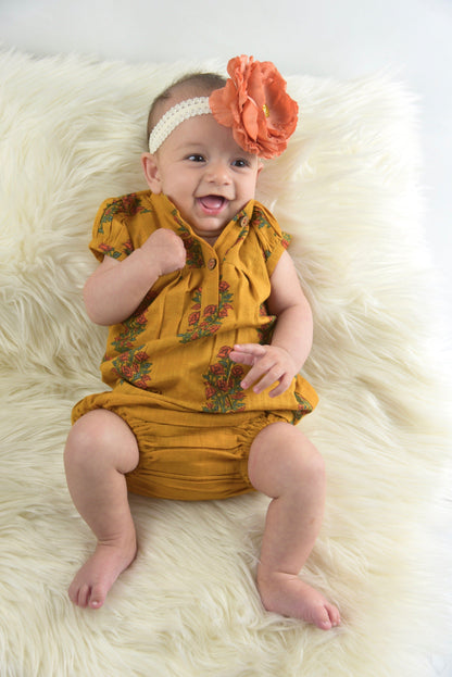 Mustard Printed Dress with Yoke Detail and Chinese Collar Infant Dress Dress Yo Baby Wholesale 