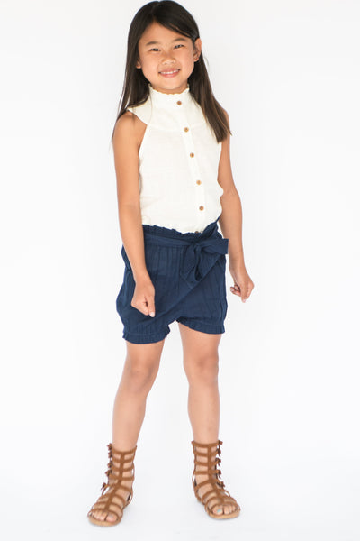 Navy-Blue High Waist Paper Bag style Shorts and Frill Blouse Dress Yo Baby Wholesale 