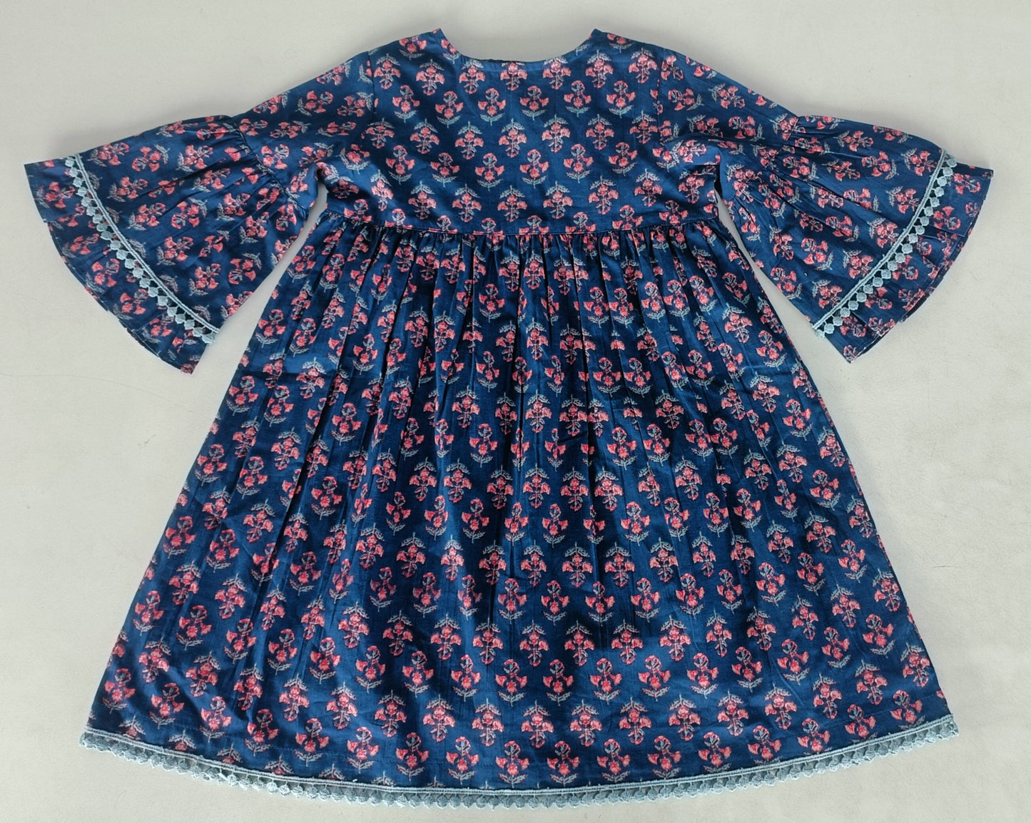 Navy Floral Print Bell-Sleeves Gathered Dress dress & diaper cover Yo Baby India 