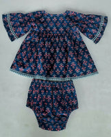 Navy Floral Print Bell-Sleeves Gathered Dress dress & diaper cover Yo Baby India 