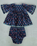 Navy Floral Print Bell-Sleeves Gathered Dress dress & diaper cover Yo Baby India 