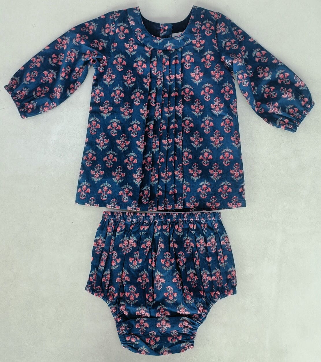 Navy Floral Print Front Pleated Dress dress & diaper cover Yo Baby India 