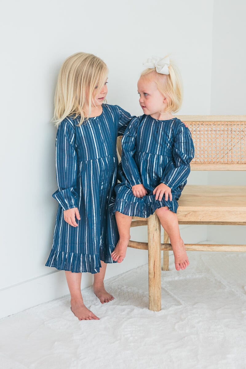 Navy Solid Color Lurex Long Sleeve Ruffle Detail Dress and Bloomers dress & diaper cover Yo Baby India 