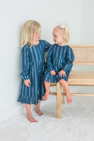 Navy Solid Color Lurex Long Sleeve Ruffle Detail Dress and Bloomers dress & diaper cover Yo Baby India 