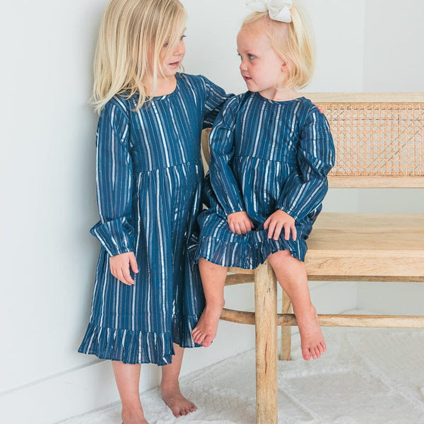 Navy & Silver Lurex Long Sleeve Ruffle Detail Dress & Bloomers – 100% Cotton Baby Girl Outfit with Belt