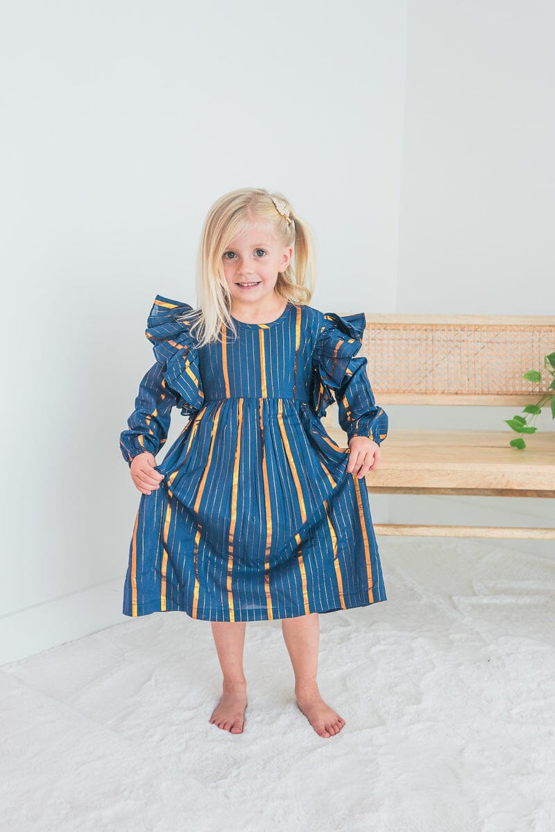 Navy Solid Color Lurex Ruffle Long Sleeve Dress & Diaper Cover Set dress & diaper cover Yo Baby India 