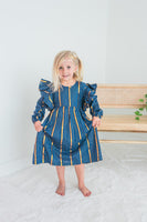 Navy Solid Color Lurex Ruffle Long Sleeve Dress & Diaper Cover Set dress & diaper cover Yo Baby India 