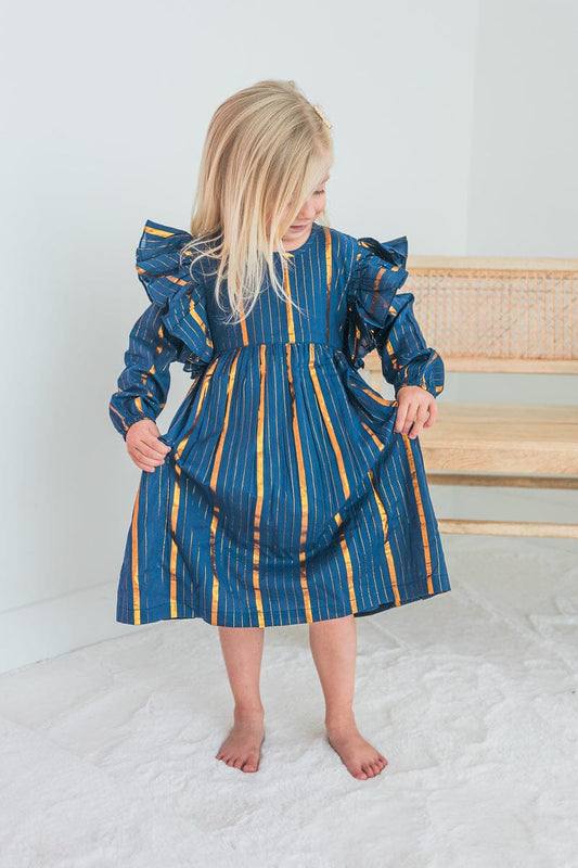 Navy Solid Color Lurex Ruffle Long Sleeve Dress Dress Yo Baby India 