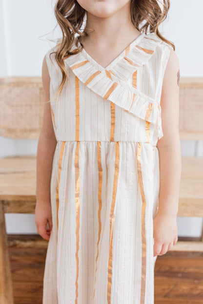 Off-White Gold Color Lurex Neck Ruffled Gathered Dress dress & diaper cover Yo Baby India 