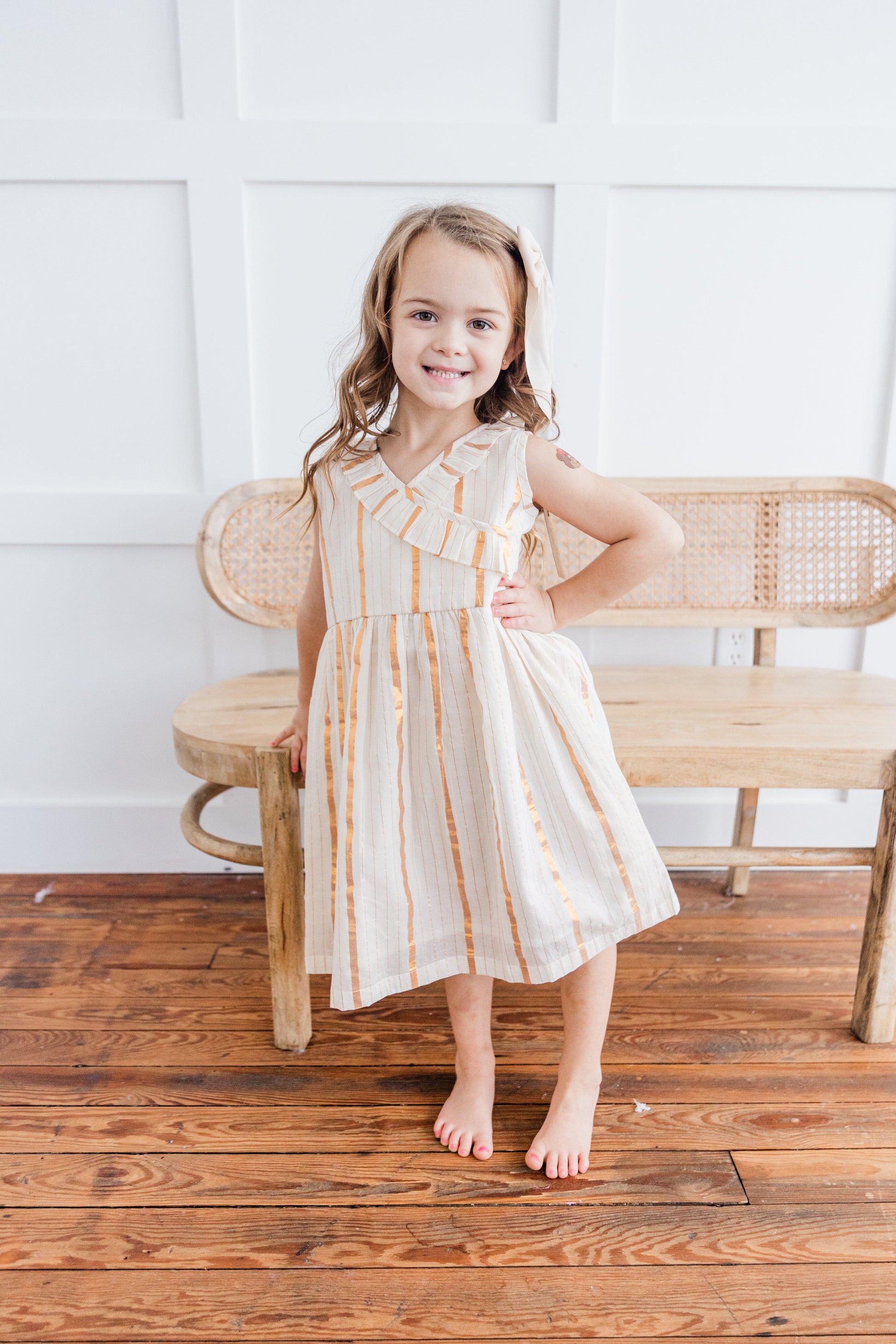 Off-White & Gold Lurex Neck Ruffled Gathered Dress 100% Cotton Shell Yo Baby India Off-White & Gold Lurex Neck Ruffled Gathered Dress 100% Cotton Shell Yo Baby India