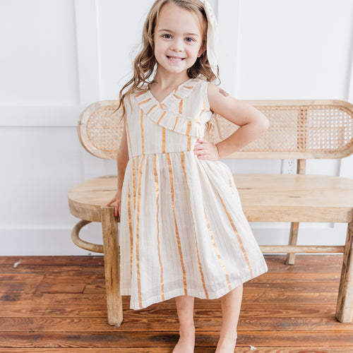 Off-White & Gold Lurex Neck Ruffled Gathered Dress – 100% Cotton Shell & Lining | Infant Bloomer Included