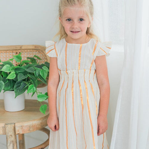 Off-White & Gold Lurex Sleeve Ruffle Gathered Dress – 100% Cotton Baby Dress with Frill Cap Sleeves & Matching Bloomer