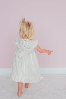 Off-White Silver Color Lurex Sleeve & Bottom Ruffled Gathered Dress Yo Baby India 