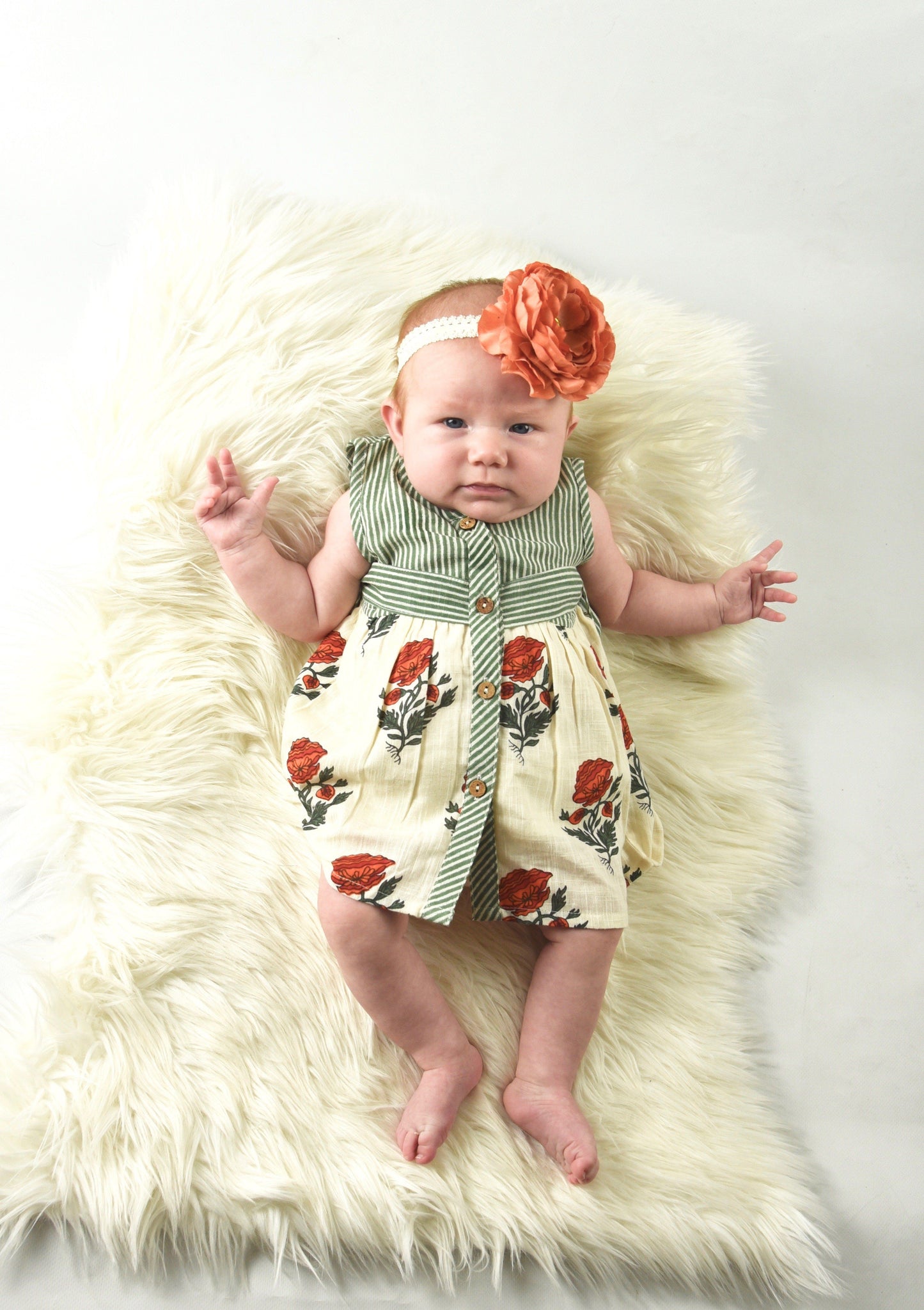 Off-white with Red Orange Floral Print and Green Pinstripe Belted Dress Dress Yo Baby Wholesale 