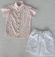Orange Polka Dot Print Boys Shirt & White Shorts set Shirt-Shorts Yo Baby India 