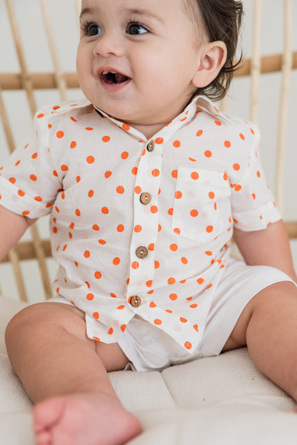 Orange Polka Dot Print Boys Shirt & White Shorts set Shirt-Shorts Yo Baby India 