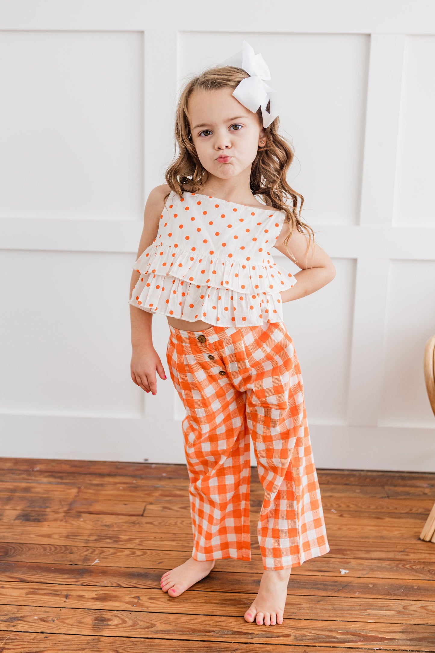 Orange Polka Dot Top & Orange Checkered Pants Set TOP & PANTS SET Yo Baby India 