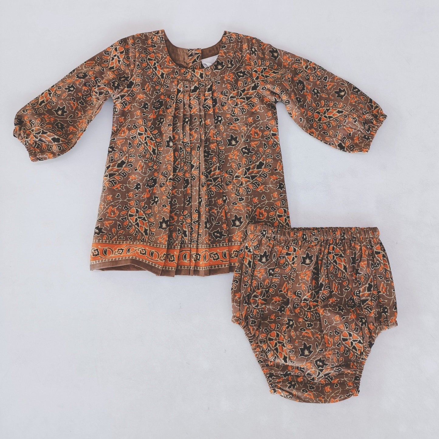 Paisley Printed Dress Long Sleeve With Pleat Detail & Diaper Cover Set dress & diaper cover Yo Baby India 