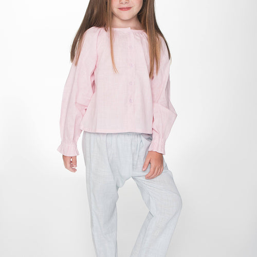 Pink Button Up Blouse with Light Blue Easy Pants 2pc. Set