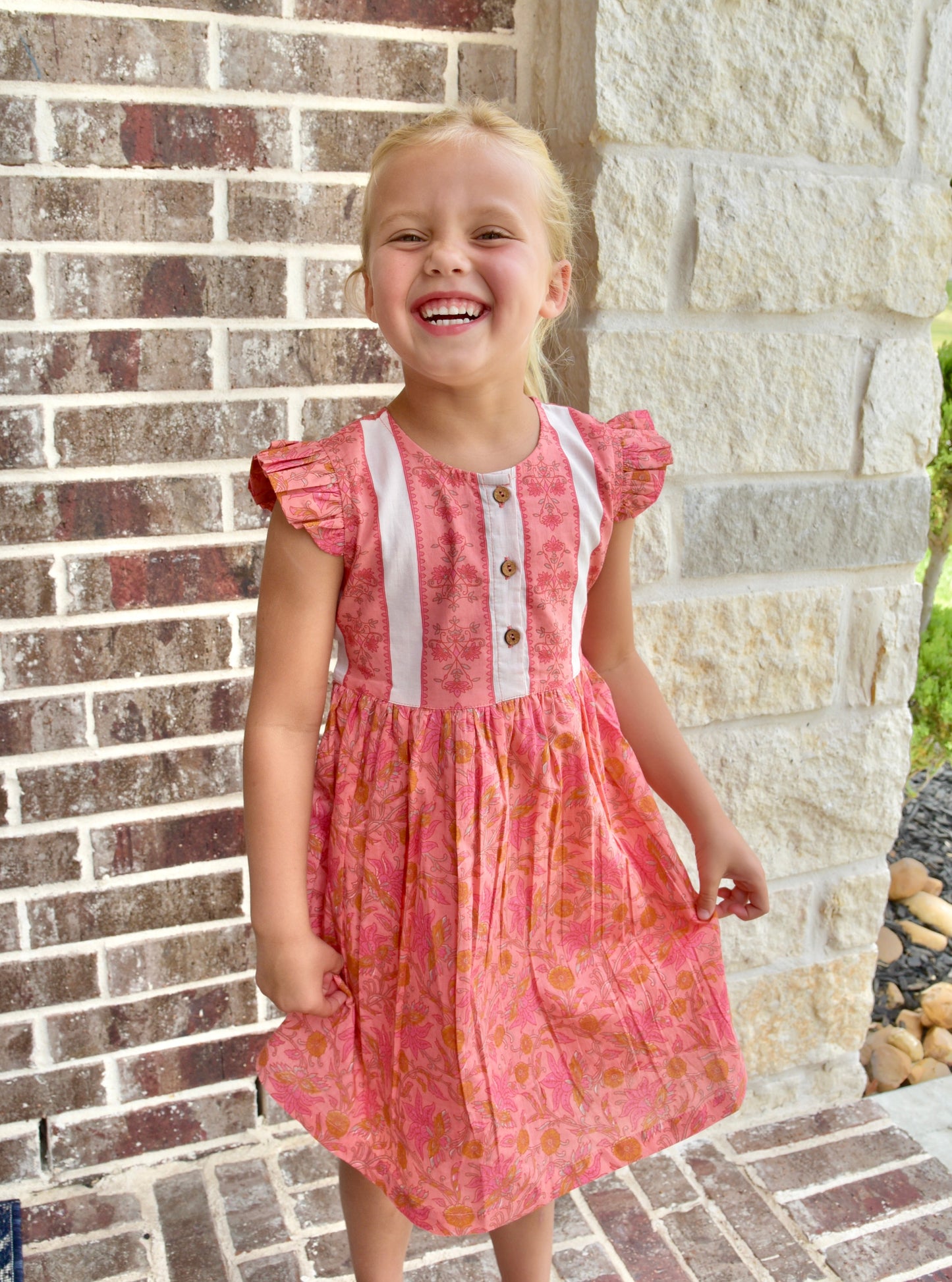 Pink Printed Angel Sleeves Shift Dress With Belt Dress Yo Baby Wholesale 