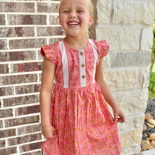 Pink Printed Angel Sleeves Shift Dress With Belt – 100% Cotton Lined Girls Dress