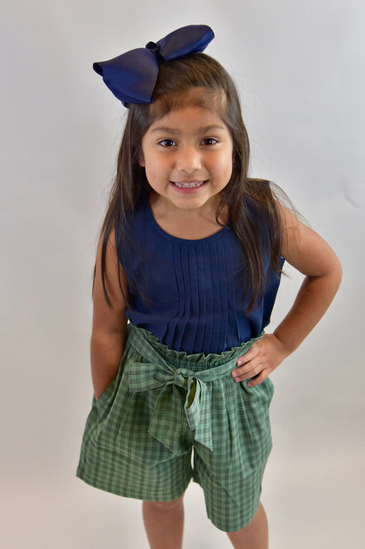 Pleated Indigo Top With Checks Paper Bag Shorts 2 pc. Set Dress Yo Baby Wholesale 