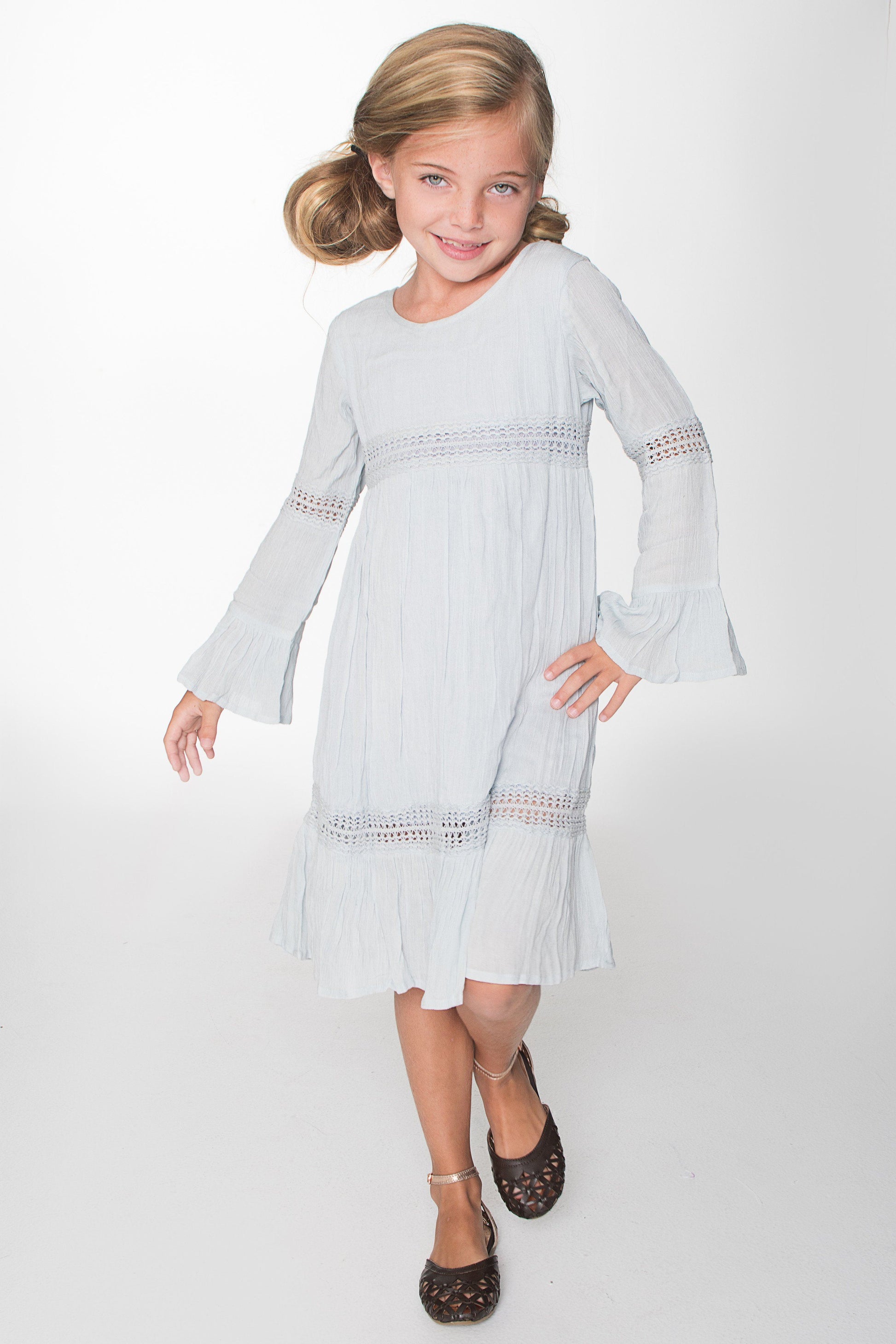 Powder Blue Lace Detail Long Bell Sleeves Dress Dress Yo Baby Wholesale 