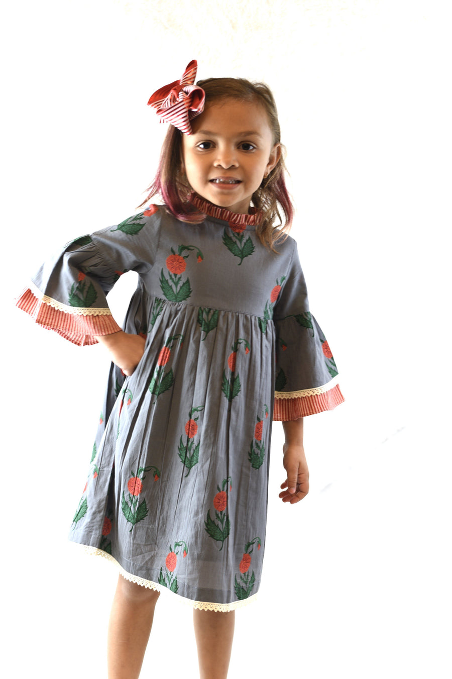 Print & Stripes Bell-Sleeves Dress