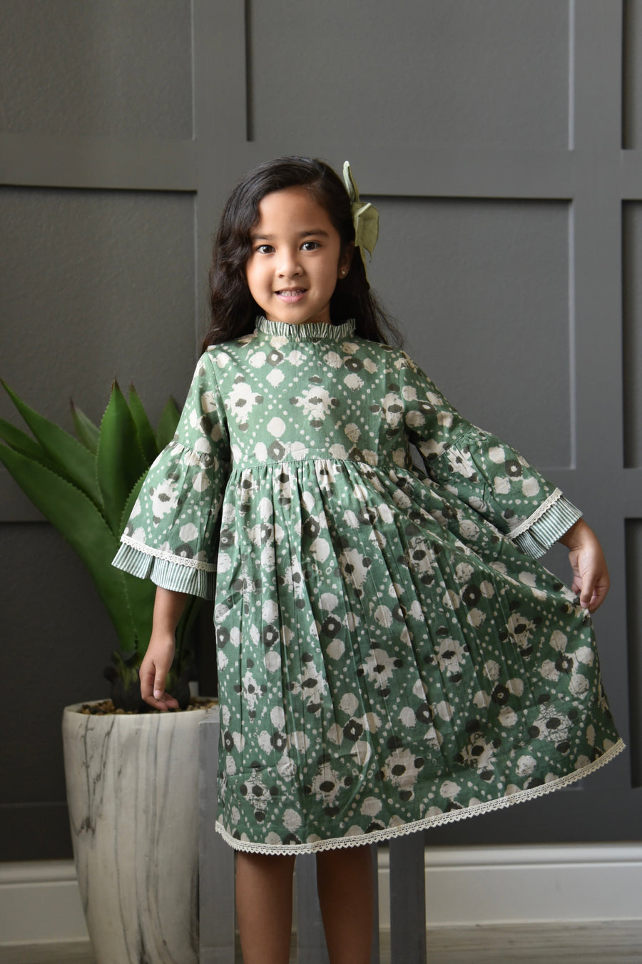 Printed Bell-Sleeves Ruffle Dress – 100% Cotton Girls Dress