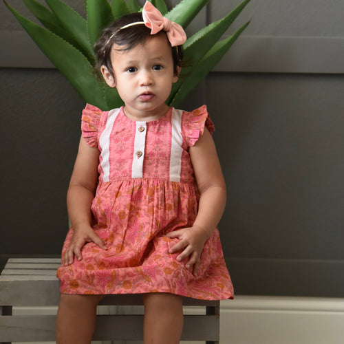 Printed Floral Dress with Rear Belt-Tie & Matching Diaper Cover – 100% Cotton Infant Dress