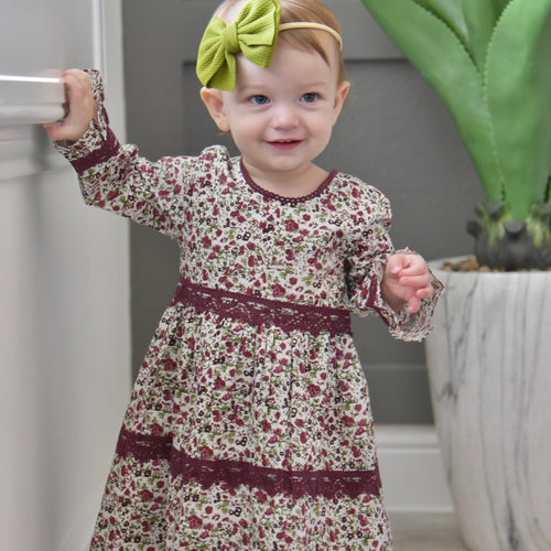Printed Floral Full-Sleeves Lace Shift Dress with Matching Diaper Cover – 100% Cotton Dress for Girls