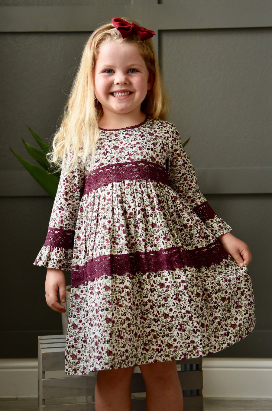 Printed Lace Detail Full-Sleeves A-Line Dress – 100% Cotton Lined Girls Dress with Back Button Closure