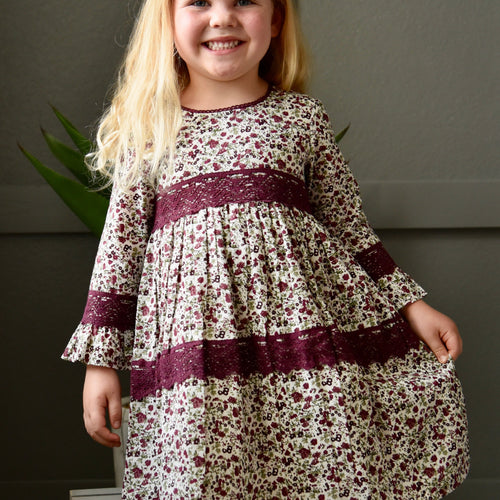 Printed Lace Detail Full-Sleeves A-Line Dress – 100% Cotton Lined Girls Dress with Back Button Closure