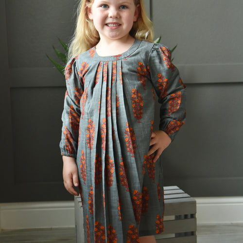 Printed Pleated Grey Full-Sleeves A-Line Dress – 100% Cotton Lined Girls Dress with Back Button Closure