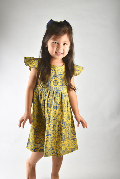 Printed Yellow Flutter Sleeve Dress Dress Yo Baby Wholesale 