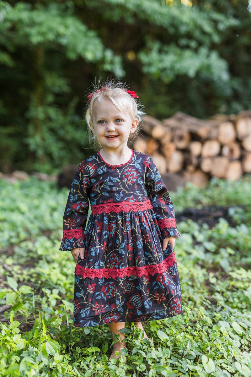 Red & Blue Printed Long Sleeve Lace Detail Dress and Bloomers dress & diaper cover Yo Baby India 