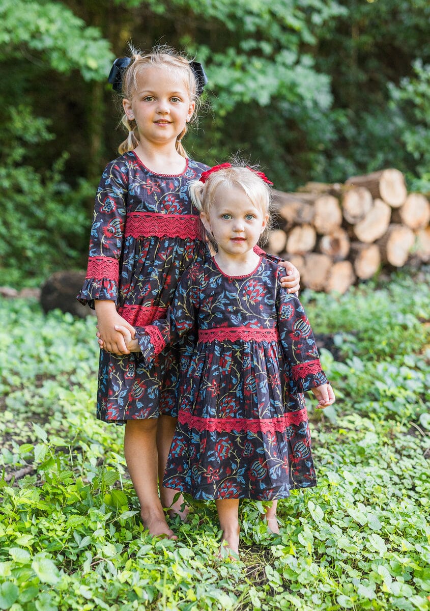 Red & Blue Printed Long Sleeve Lace Detail Dress and Bloomers dress & diaper cover Yo Baby India 