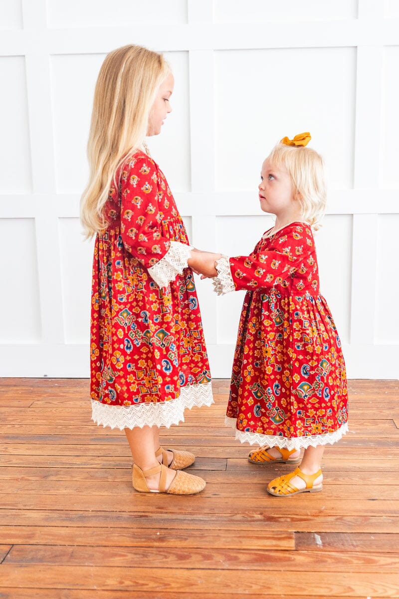 Red & Blue Printed Long Sleeve Lace Detail Dress and Bloomers dress & diaper cover Yo Baby India 