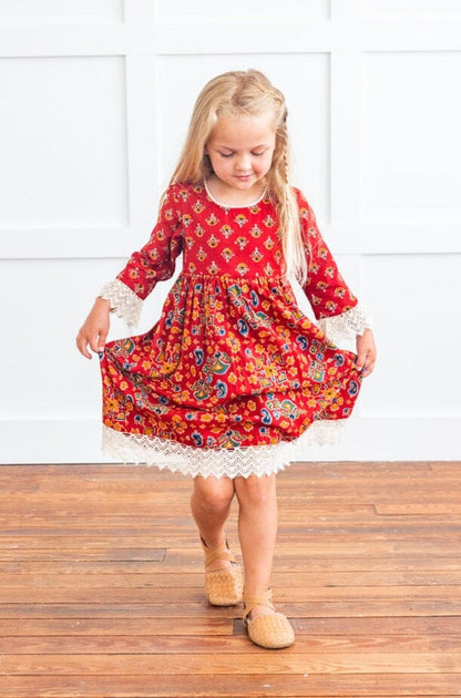 Red & Blue Printed Long Sleeve Lace Detail Dress Yo Baby India 