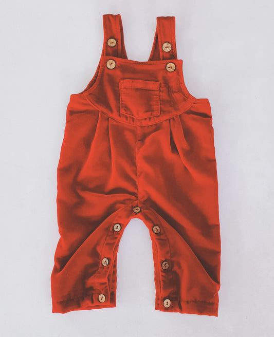 Red Micro Velvet Baby Overall With Pocket & Pleat Detail romper Yo Baby India 