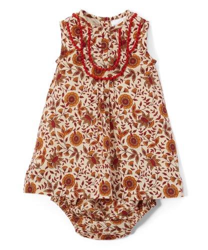 Red & Tan Infant Dress With lace Details & Matching Diaper Cover Dress Yo Baby Wholesale 