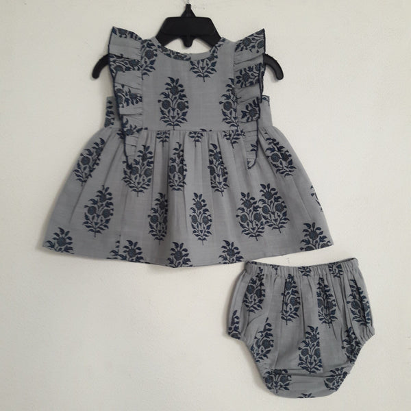 Ruffle Sleeves Grey & Blue Floral Dress With Matching Diaper Cover Dress Yo Baby Wholesale 