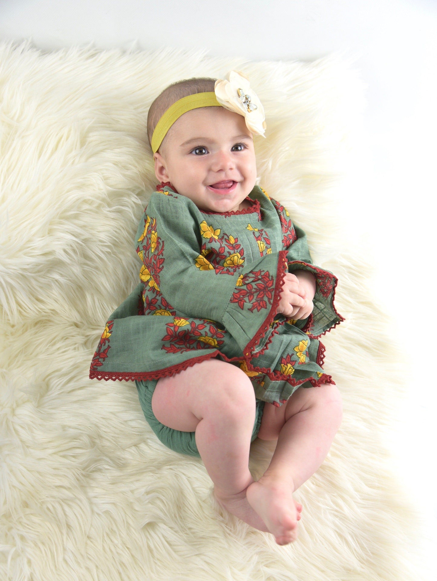 Sage Green Dress With Red Lace Detail & Matching Bloomers Dress Yo Baby Wholesale 