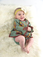Sage Green Dress With Red Lace Detail & Matching Bloomers Dress Yo Baby Wholesale 