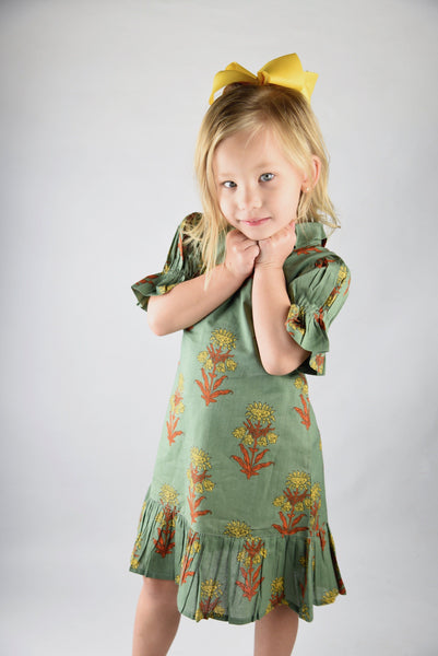 Sage Green Printed Dress with Puff Sleeves and Collar Dress Yo Baby Wholesale 